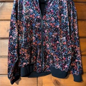 Floral Velvet Zip-Up Bomber Jacket - Black/Multi